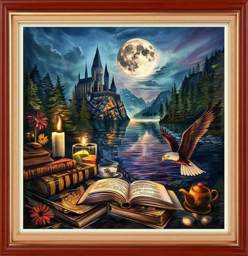 Joyhoor Cross Stitch Kits for Beginners Stamped Cross-Stitch Supplies Needlework preprint Embroidery Kits for Adults DIY Needlepoint Kit Embroidery Patterns 11CT-Moon Night Castle Eagle 18×18 inch by JoyhoorCrossStitchKits