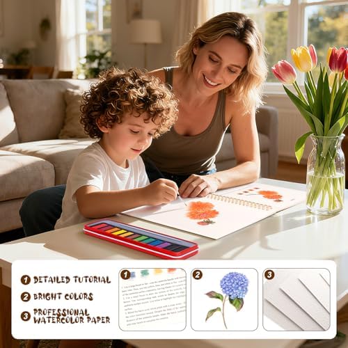 Watercolor Workbook for Adults, Beginner Friendly Watercolor Painting Kit Flowers Water Coloring Book, Nature-Themed Practice Art Gift Water Color Paint Book with Palette and Brush - Image 5