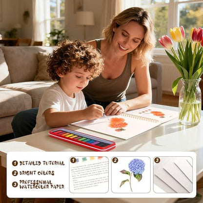 Watercolor Workbook for Adults, Beginner Friendly Watercolor Painting Kit Flowers Water Coloring Book, Nature-Themed Practice Art Gift Water Color Paint Book with Palette and Brush - Image 5