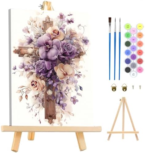 MAXBYE Framed Paint by Numbers Kits for Adults, Cross Flowers Paint by Numbers Kit for Adults with Wooden Easel, Easy DIY Oil Painitings Kits with Tools for Beginners Gift Home Wall Decor 10×14 Inch by MAXBYE