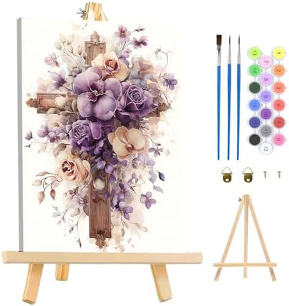 MAXBYE Framed Paint by Numbers Kits for Adults, Cross Flowers Paint by Numbers Kit for Adults with Wooden Easel, Easy DIY Oil Painitings Kits with Tools for Beginners Gift Home Wall Decor 10×14 Inch by MAXBYE