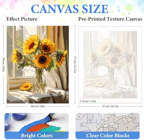 PRASIO Paint by Numbers Kit for Adults Flowers Sunflower Easy Adult Paint by Number Kits DIY Acrylic Watercolor Oil Paint by Number for Adults Beginner for Home Decor Gift 16x20 Inch - Image 3