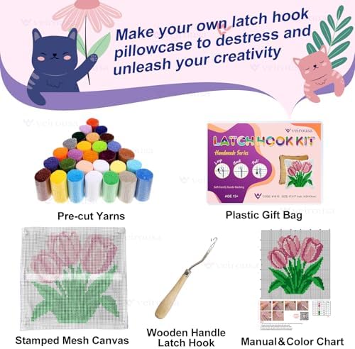 veirousa Latch Hook Kits for Adults, DIY Pink Tulip Pillow & Rug Craft Kit for Beginners, Floral Handmade Yarn Art, Relaxing Home Sofa Decor Gift 17x17 Inch - Image 3