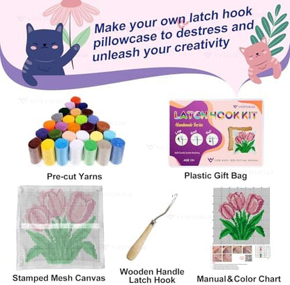 veirousa Latch Hook Kits for Adults, DIY Pink Tulip Pillow & Rug Craft Kit for Beginners, Floral Handmade Yarn Art, Relaxing Home Sofa Decor Gift 17x17 Inch - Image 3