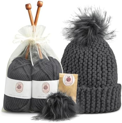 Knitting Kits for Beginners Adults – Practical and Easy to Use Hat Knitting Kit with Yarn, Bamboo Knitting Needles, Faux Pom Pom – Complete Beginners Knitting Kit – Lovely Present for Women and Men - Image 2