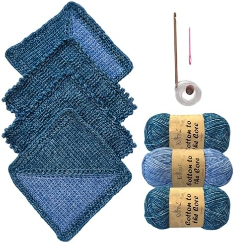 KnitPal Tunisian Crochet Dishcloth Kit for Beginners - Jean Blue + Sky Blue by KnitPal