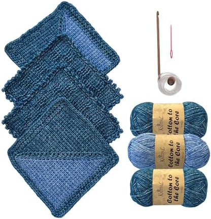 KnitPal Tunisian Crochet Dishcloth Kit for Beginners - Jean Blue + Sky Blue by KnitPal