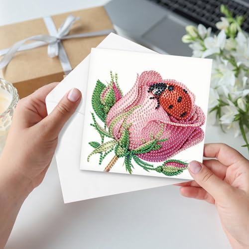 LazyFold 6Pcs DIY Diamond Art Painting Greeting Cards with Envelopes, Ladybugs and Flowers All Occasion Note Card Kit for Women, Handmade Thank You Birthday Friendship Cards Gift - Image 4