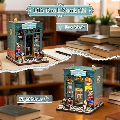 DIY Miniature Dollhouse Book Nook Kit – Reading Corner Bookshop Bookshelf Insert with LED Lights, Tiny House Model for Adults & Teens, Booknook Library Home Decor & Gift Idea for Family and Friends - Image 4