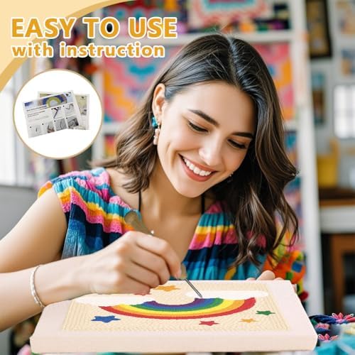 Doodlream Rainbow Star DIY Punch Needle Embroidery Kit for Adult Beginner, 9.4" Rainbow Punch Stitching Craft Set for Starter with Frame, Fabric Pattern, Threader, Yarn, Pinch Needle - Image 3