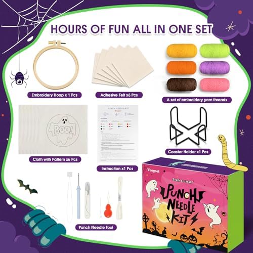yuegool 6PCS Enchanted Oddities Punch Needle Coasters Kit – Easy DIY Embroidery Kit for Beginners, Adults & Kids | Includes Patterns, Tools, Yarns, Hoop, Instructions, Coaster Holder - Image 2