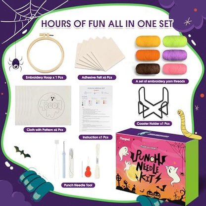 yuegool 6PCS Enchanted Oddities Punch Needle Coasters Kit – Easy DIY Embroidery Kit for Beginners, Adults & Kids | Includes Patterns, Tools, Yarns, Hoop, Instructions, Coaster Holder - Image 2