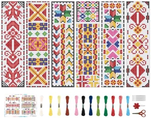 BEUNITONE Cross Stitch Bookmark Kits 6 Pcs Traditional Decorative Patterns Counted Cross Stitch Kit Hand Stamped Embroidery Kit for Beginners Floral Fabric Bookmark Making Kit DIY 8''x2.4'' by BEUNITONE