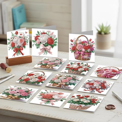 12 Pack Diamond Painting Greeting Cards Kit with Envelopes, 5D DIY Rose Bouquet Flower Basket Diamond Art Cards, Mothers Day Birthday Thank You Cards for Women Her Adults - Image 3
