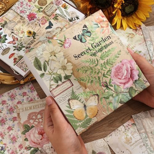 Vintage Botanical Scrapbooking Supplies Kit, Aesthetic Flower Scrapbook Kit for Bullet Junk Journal, 12 Rolls Washi Tape, Stickers Papers for DIY Journaling Supplies, Craft Gift for Girl Women - Image 5