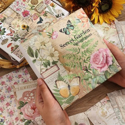 Vintage Botanical Scrapbooking Supplies Kit, Aesthetic Flower Scrapbook Kit for Bullet Junk Journal, 12 Rolls Washi Tape, Stickers Papers for DIY Journaling Supplies, Craft Gift for Girl Women - Image 5