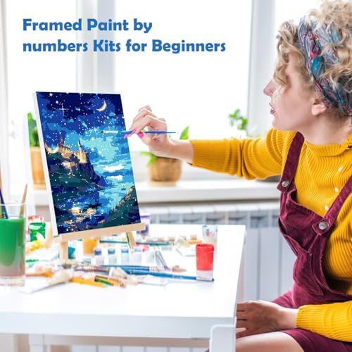MOGTAA Paint by Numbers Kit for Adults with Frame, Starry Night Paint by Number Canvas, Lake Landscape Paint by Numbers with Easel, DIY Castle Oil Painting Kit for Home Wall Decor 8 x 12 Inch - Image 4