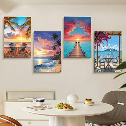 4 Pack Framed Paint by Numbers Kit for Adults Beach with Wooden Easel - Image 6