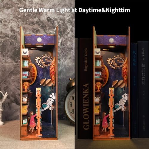 Tonecheer DIY Book Nook Kit for Adults,3D Wooden Puzzle Bookend Bookshelf Insert Library Decor, Booknook Miniature House Kit with Body Motion Sensor LED Light（Interstellar） - Image 6