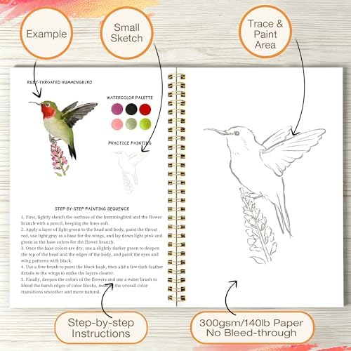 Creazic Watercolor Workbook for Adult Beginners, Pre-Sketched Bird Watercolor Coloring Book, Easy Step-by-Step Watercolor Tutorial on 140lb Paper, Spiral-Bound for Relaxation & Creative Art Practice - Image 4