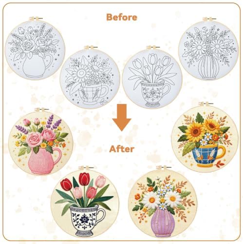 BEUNITONE 4 Set Embroidery Kits for Beginners, Flower Arrangement Design with Pre-Stamped Pattern Craft Kits Include Instruction and Hoops, 7.9x7.9 Needlepoint Kits for Festival Gifts and Home Decor - Image 4