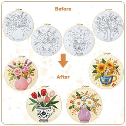 BEUNITONE 4 Set Embroidery Kits for Beginners, Flower Arrangement Design with Pre-Stamped Pattern Craft Kits Include Instruction and Hoops, 7.9x7.9 Needlepoint Kits for Festival Gifts and Home Decor - Image 4