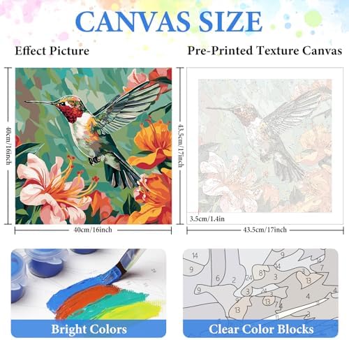 PRASIO Paint by Numbers Kit for Adults Beginner, Hummingbird Adult Paint by Number Kits on Canvas, DIY Acrylic Watercolor Oil Paint by Number for Adults for Home Decor Gift 16x16 Inch - Image 3