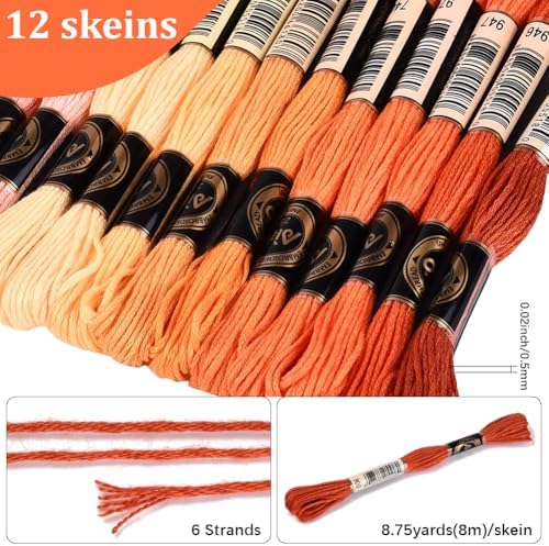 105 Yards 12 Skeins Gradient 6 Strands Orange Red Variegated Embroidery Thread Friendship Bracelet String Polyester Cross Stitch Floss Threads Assorted Bulk Set for Hand Sewing Making Supply - Image 2
