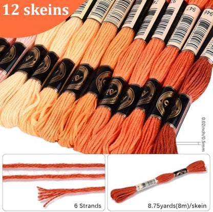 105 Yards 12 Skeins Gradient 6 Strands Orange Red Variegated Embroidery Thread Friendship Bracelet String Polyester Cross Stitch Floss Threads Assorted Bulk Set for Hand Sewing Making Supply - Image 2