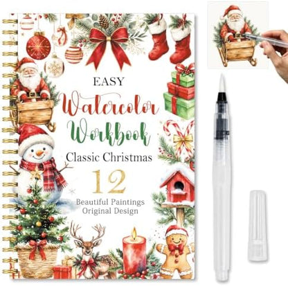 Christmas Gift, Christmas Watercolor Workbook, Watercolor Painting Book with 12 Different Xmas Designs, Water Coloring Book Set with Water Paintbrush for Beginners, Xmas Gift for Boys Girls Friends by Unknown