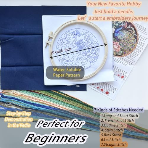 FONNUY Peacock Floral Embroidery Kit, Cross Stitch Kits, Handmade Crafts with Printed Patterns for Beginner Adults, Easy to Follow Color Thread Needlework, 8'' Hoop (Graceful Dancer) - Image 5