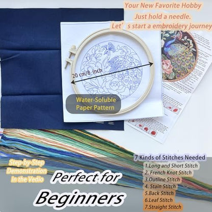 FONNUY Peacock Floral Embroidery Kit, Cross Stitch Kits, Handmade Crafts with Printed Patterns for Beginner Adults, Easy to Follow Color Thread Needlework, 8'' Hoop (Graceful Dancer) - Image 5