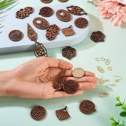 Elecrelive 10 Pairs Wooden Dangle Earring Making Kit Teardrop Oval Flower Leaf Shapes Natural Wood Earring Blanks with Hooks for DIY Craft Jewelry Making - Image 6
