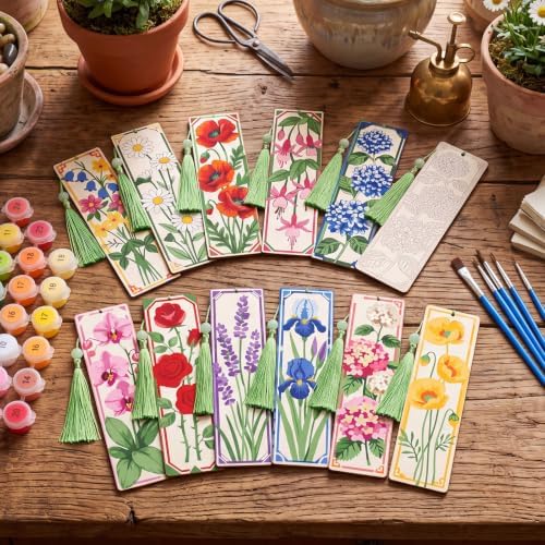 Kosiz 12 Pcs Flower Paint by Number Kit for Adult Wood Bookmark - Image 2