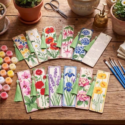 Kosiz 12 Pcs Flower Paint by Number Kit for Adult Wood Bookmark - Image 2