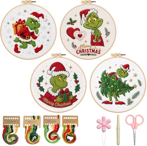 TPZBWG Embroidery Kit, 4 Pack Cross Stitch Kits,DIY Embroidery Starter Kit for Adults & Beginners, DIY Needlepoint Kit with Embroidery Hoop Thread Needle for Craft Lover Birthday Gifts (Green& White) by TPZBWG