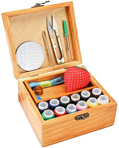 Sewing Kit, Wooden Sewing Kit Box for Adults, Wooden Sewing Basket with Accessories, Home Sewing Basket Stitching Repair Kit for Beginner, Women, Men (Brown) - Image 3