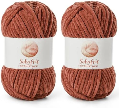 Chenille Blanket Yarn for Crocheting Size 5 Bulky Yarn 2 Pack Rust by Sekafris