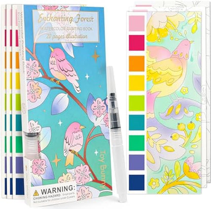 Watercolor Painting Coloring Books Pocket Watercolor Paint Bookmarks, Mess Free Paint with Water Set, Travel Class Activities Art Party Favors Exchange Birthday Gifts for Kids (Enchanting forest) by ROOCHKD