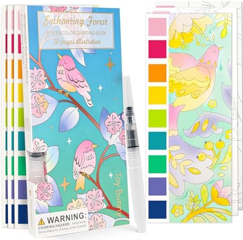 Watercolor Painting Coloring Books Pocket Watercolor Paint Bookmarks, Mess Free Paint with Water Set, Travel Class Activities Art Party Favors Exchange Birthday Gifts for Kids (Enchanting forest) by ROOCHKD