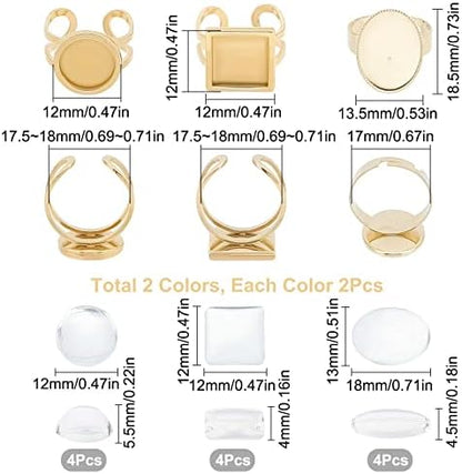 SUNNYCLUE 24Pcs DIY 12 Sets Finger Ring Blanks Bezel Trays Adjustable Stainless Steel Ring Base Blank Components Set Pad Settings Square Round Glass Cabochons for Jewelry Making Kit - Image 2