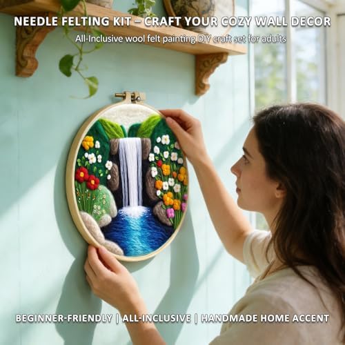 Zovylks Natural Landscape Needle Felting Kits Beginners, 7.9 Inch DIY Wool Felting Painting Starter Kit, Needle Felt Set for Home Decor with Foam Pad, Instructions (Waterfall) - Image 4