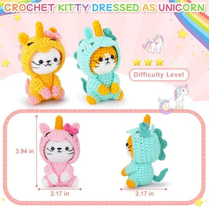 Crochet Kit for Beginners - 3 PCS Unicorn Cat Crochet Kits with Step-by-Step Video Tutorials, Beginner Crochet Kit for Adults, Crochet Animal Kit for Starters, Cat Dressed as Unicorn Set - Image 4