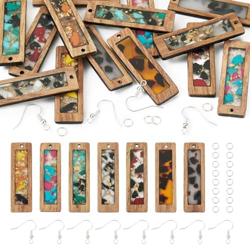 Boutigem 54Pcs Rectangle Resin Wooden Earring Kit with Walnut Wood Statement Charms Earring Hooks Jump Rings for DIY Crafts Earring Key Chain Making Supplies by BoutigemJewelry