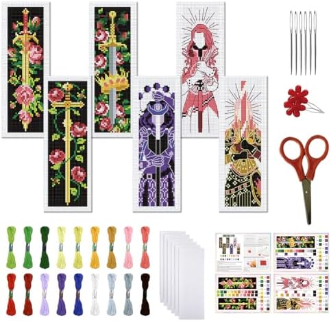 FREEBLOSS 6 Set Cross Stitch Bookmark Kits Sword & Rose Pattern Stamped Cross Stitch Kit 11CT Embroidery Kit with Instructions for Adults Beginners 20x6cm/8x2.4inch by FreeandCreativeCraftsArt