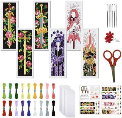 FREEBLOSS 6 Set Cross Stitch Bookmark Kits Sword & Rose Pattern Stamped Cross Stitch Kit 11CT Embroidery Kit with Instructions for Adults Beginners 20x6cm/8x2.4inch by FreeandCreativeCraftsArt