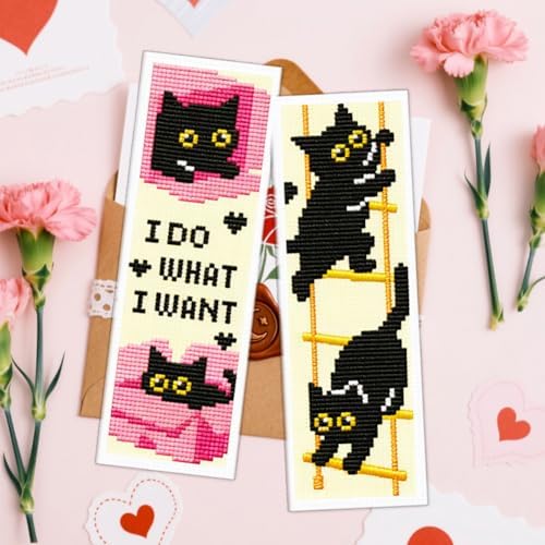 ACRNIGHEET 6PCS Cross Stitch Bookmark Kit for Beginner Stamped Cross Stitch Kits for Adults Naughty Black Cat DIY Tassel Embroidery Bookmark Kits Needlepoint Kit with Instructions Gift 8.5''x3'' 11CT - Image 5