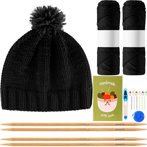 Maasechs Knitting Kits for Beginners Adults Complete Hat Knit Set with Yarn Bamboo Needles Starter Crochet Kit with Full Knitting Crochet Accessories for Women and Men(Black) by Unknown