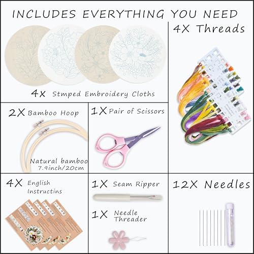 Bonroy 4 Sets Embroidery Set for Beginners Art Crafts Easy Sewing Includes Embroidery Clothes with Pattern, Hoop, Instruction Manual, Color Stitch Set (Assorted 1) - Image 2