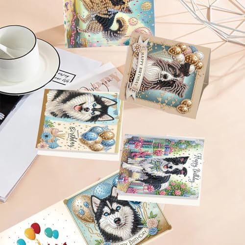 TDFERAN Diamond Painting Dog Birthday Card 6 Set Husky Cards Art Work Crystal Puzzle Dog Birthday Party Diamond Balloon Invitation Animal Party Holiday Event Cards Card for All Occasions - Image 6